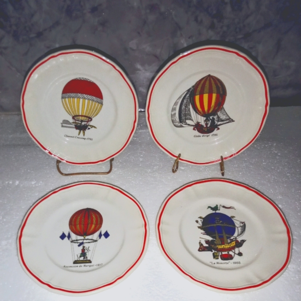 Longchamp French Hot Air Balloon Dessert Plates Set Of 4 with Red Rim